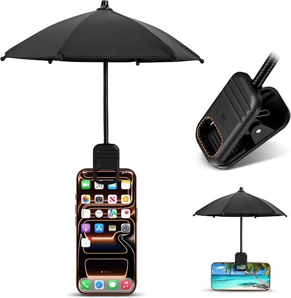 Phone Umbrella for Sun Shade, Updated Clip On Mini Phone Umbrella Anti-Glare Cellphone Screen Protector with UPF 45+ Black Anti-UV Coating Gifts for Beach Pool Tanning Car Travel Vacation Essentials