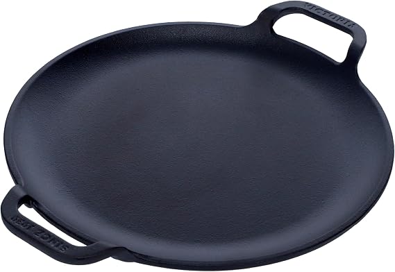 Victoria 10-Inch Cast Iron Comal Pizza Pan with 2 Side Handles, Preseasoned with Flaxseed Oil, Made in Colombia, Black