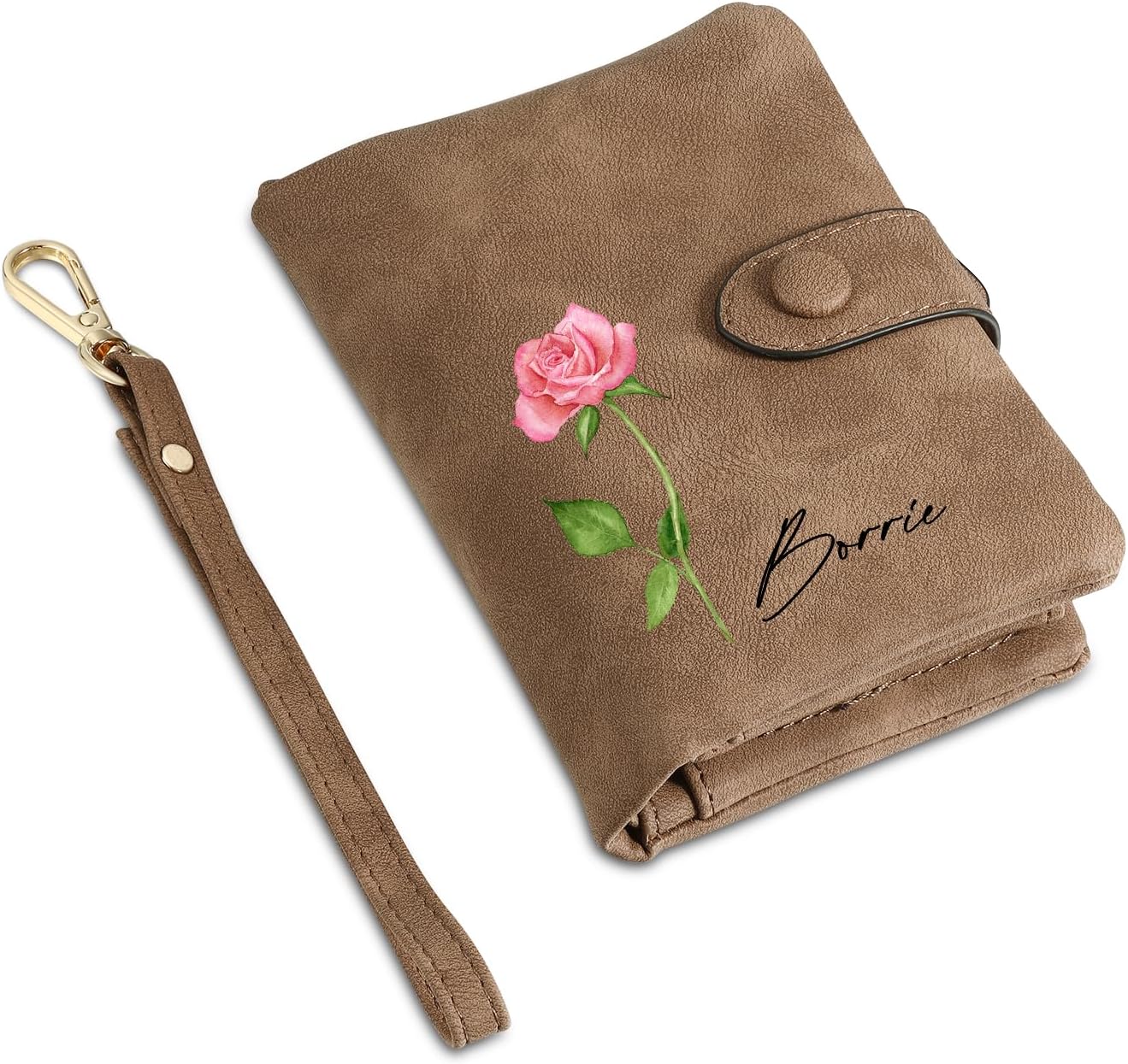 Personalized Custom Wallet with Name & Birth Flower for Women Multi Credit Card Wallet With Wrist Strap Birthday Gifts for Mom Mothers Day Brown