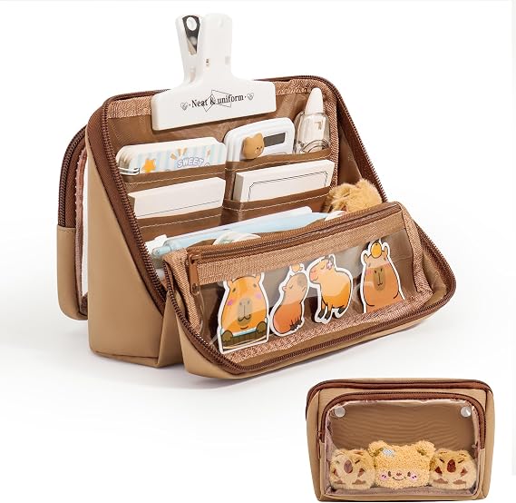 Pencil Case - Removable Clear Large Capacity Aesthetic Pencil Pouch with Sturdy Zipper, Canvas Stationery Organizer Pen Pouch with Compartments for College, office, Travel(Coffee)