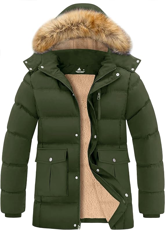 ZITY Men's Winter Jacket Thicken Sherpa Lined Fleece Parka Long Outerwear Fur Coats Water-Resistant Windproof Hooded Jackets