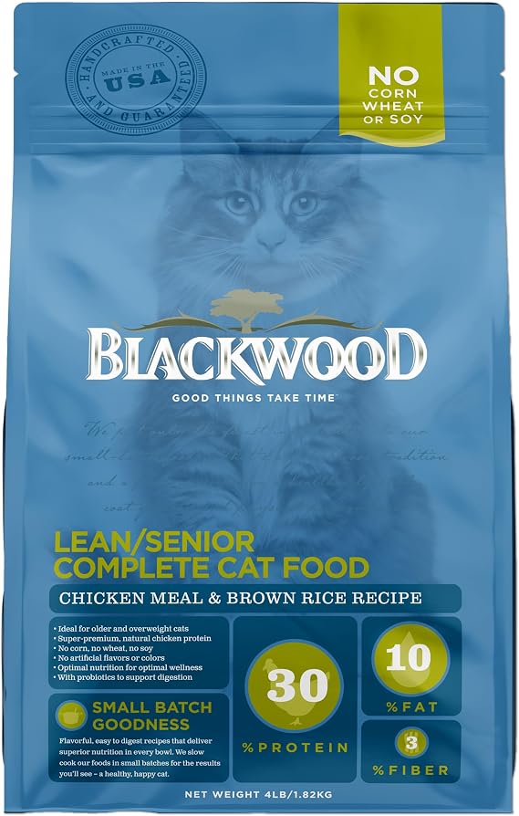 Blackwood Lean & Senior Dry Cat Food, Chicken Meal & Brown Rice, 4 lb | Probiotics, Omega 3 & 6, and Cranberries for Gut, Skin, and Urinary Health, Slow Cooked for Higher Nutrient Preservation