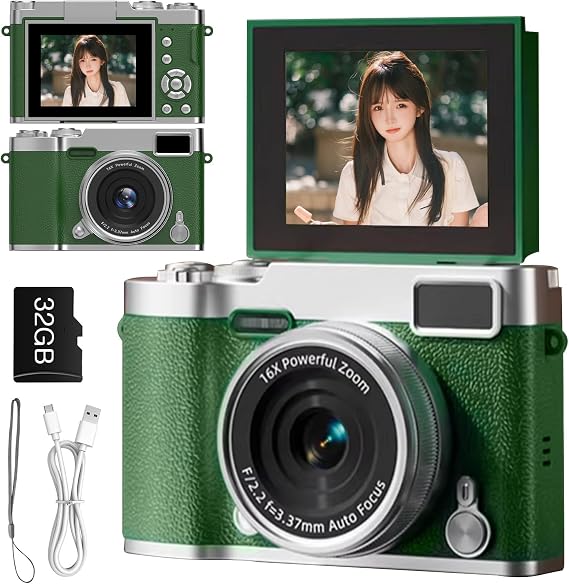 180 Degree Rotating Display / Front and Rear Camera: Digital Camera, Selfie, Toy Camera, Digital Camera, Retro, Kids Camera, Retro Camera, 48 Million Image Quality, 1080P Video Recording, 32GB Card Included, Music Playback, School Trip, Kids, Mini Camera, Compact Camera, Video Camera Green