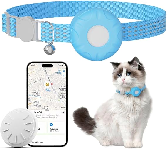 Cat Tracker,No Monthly Fee GPS Trackers for Cats,Pet Tracker Work with Apple Find My App(iOS Only),Real-Time Location Tracking,Cat Tracker GPS Collar with Safety Elastic Buckle-Blue