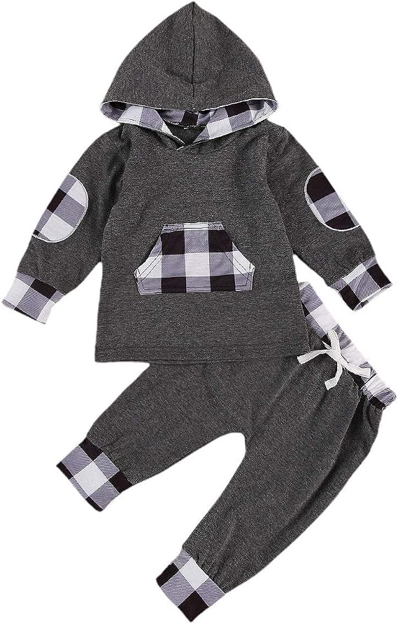 Baby Girl Hoodie Outfits Long Sleeve Plaid Hooded Sweatshirt Tops Pants Pocket Fall Outfit Sets (Gray Black White Plaid, 18-24 Months)