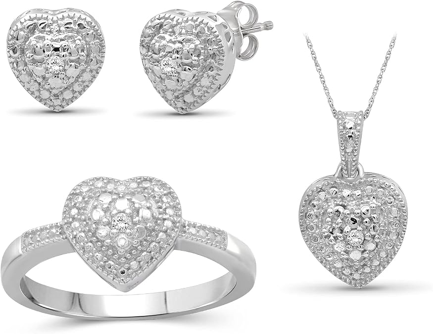 3-Piece White Diamond Sterling Silver Earrings Set, Sterling Silver Necklace, Sterling Silver Rings Heart Shaped Jewelry Jewelry Sets for Women Birthday Gifts