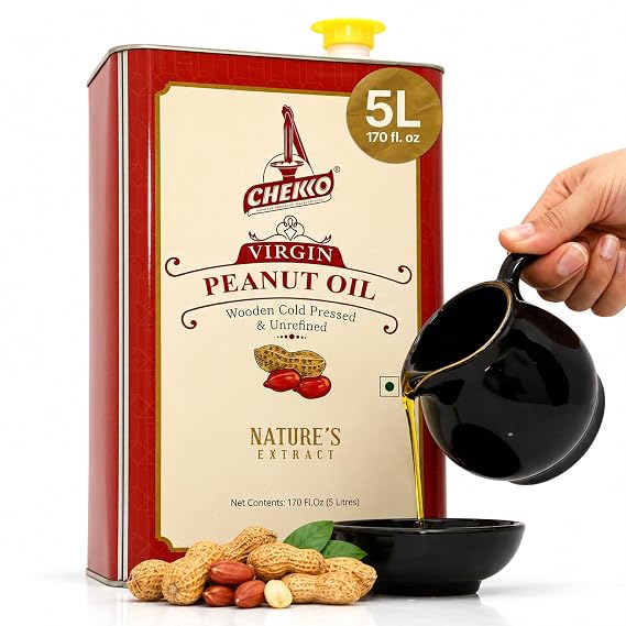 Chekko Cold Pressed Peanut Oil 5L (169 Fl Oz) | Non-GMO Natural Cooking Oil | 100% Pure Wood Pressed Groundnut Oil | Unrefined Peanut Oil for Deep Frying, Roasting & Everyday Cooking
