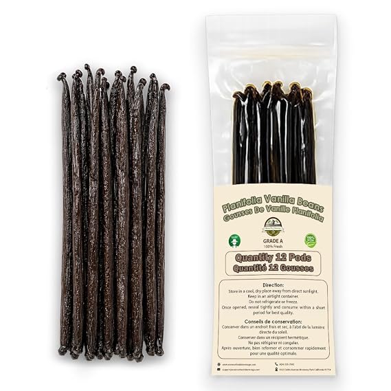 12 Large Vanilla Beans Bulk For Making Vanilla Extract Grade A - NON-GMO Fresh Pods,#34;6-9" Inches, Perfrect for Homemade Extract, Cooking, and Brewing