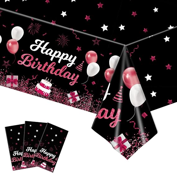 MRJ Black Party Supplies 3 Pack Pink and Black Stars Happy Birthday Tablecloths - Perfect Decorations for Kids' Birthday Parties and Baby Showers (54"x108"