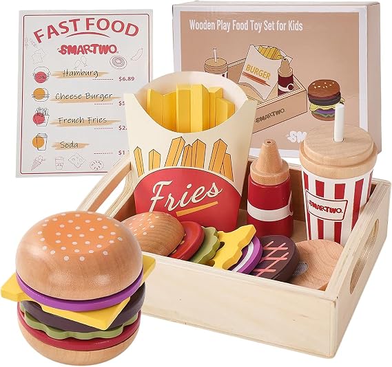 Wooden Play Food for Kids Pretend Hamburger Set Fast Food Toy Play Kitchen Accessories for Toddlers Toy Food Gift for Boys Girls Educational Toys