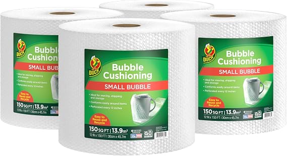 Duck Brand Small Bubble Cushioning Wrap for Moving & Shipping 600 FT Total - Bubble Packing Wrap for Extra Protection Packaging Boxes & Mailers - Clear Bubble Roll Moving Supplies 150 FT Each 4 Rolls