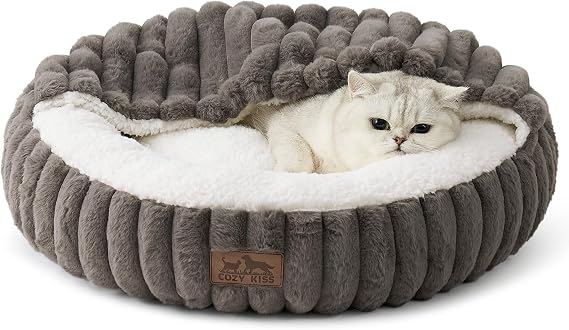 COZY KISS Hooded Blanket Cat Bed 20"x20" Round Fluffy Donut Cuddler for Cats & Toy Dogs, Anti-Anxiety Faux Fur Pet Bed, Machine Washable with Non-Slip Bottom, Grey