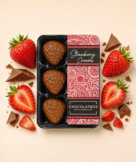 Handmade Belgian Milk Chocolate Strawberry Creams – 6 Pack (70g), Soft Fondant Filled Chocolates, Gourmet Gift, Luxury Sweets