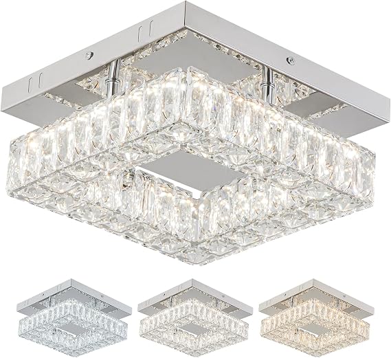 9.8" Modern Square Crystal Flush Mount Chandelier Ceiling Light Multicolour | Energy Saving Modern Crystal Mini LED Chandelier for Living Room Bedroom Kitchen Multicolour [Energy Class E]