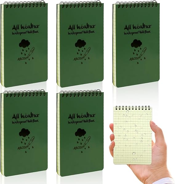 4x6 Inch Waterproof Note Pads Pocket Size 5 Pack, Top-Spiral Notebook with Grid, All-Weather Small Memo Paper Notepad for Outdoor Travel Office School Home Recording (Green)
