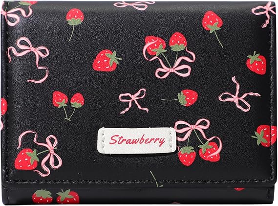 Cute Strawberry Bow Print Wallet for Women Girls (BLACK)
