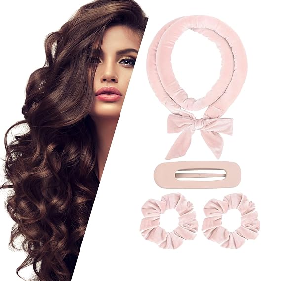 Heatless Curls Overnight - Heatless Hair Curler Headbands for Women, Hair Curlers to Sleep in with Scrunchies and Clip, Hair Rollers for Women Long Hair, Soft Velvet, No Heat Damage (Pink)