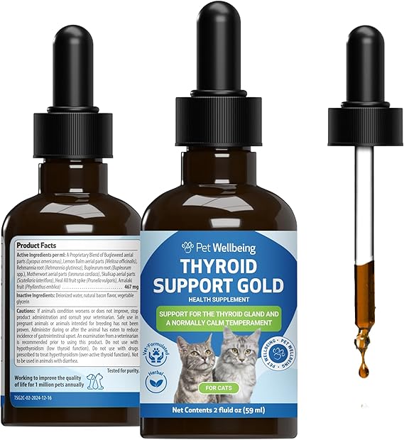 Pet Wellbeing Thyroid Support Gold for Cats - Holistic Thyroid Balance with Bugleweed & Lemon Balm, Feline Metabolic Health Supplement - NASC Certified & Vet-Formulated - 2 oz Liquid Formula