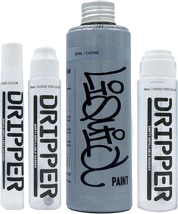 Liquid Paint & Dripper Bundle Dope, Multi Colour Refill & Multi Size Empty Mop Marker Graffiti Art Pack, Permanent 200ml Alcohol Based Paint (Chrome)