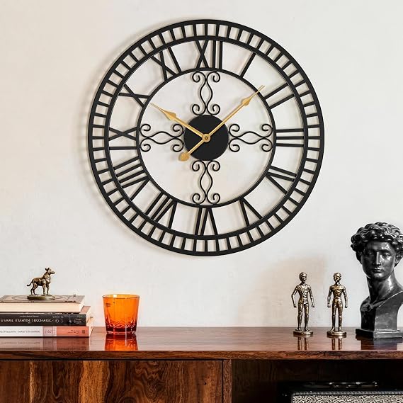 20" Large Wall Clock, Big Clock for Living Room Decorative, Black Large Wall Clocks Battery Operated with Metal Roman Numeral, Completely Silent, Non-Ticking for Bedroom, Kitchen,Fireplace