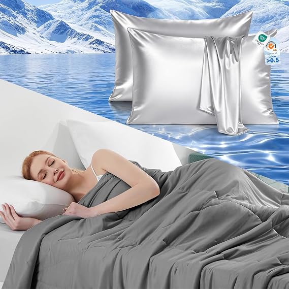 Elegear Cooling Satin Pillowcase Gray 20" x 30" and Cooling Comforter Queen Size Gray Bundle