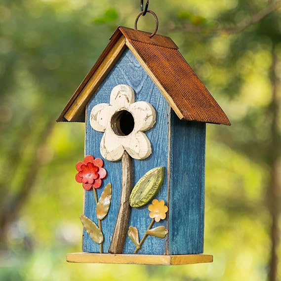 Glitzhome Hanging Bird House for Outdoor, 10.2" H Decorative Birdhouse Pet Cottage Distressed Wooden Bluebird House with 3D Flowers for Outdoor Patio Garden, Washed Blue