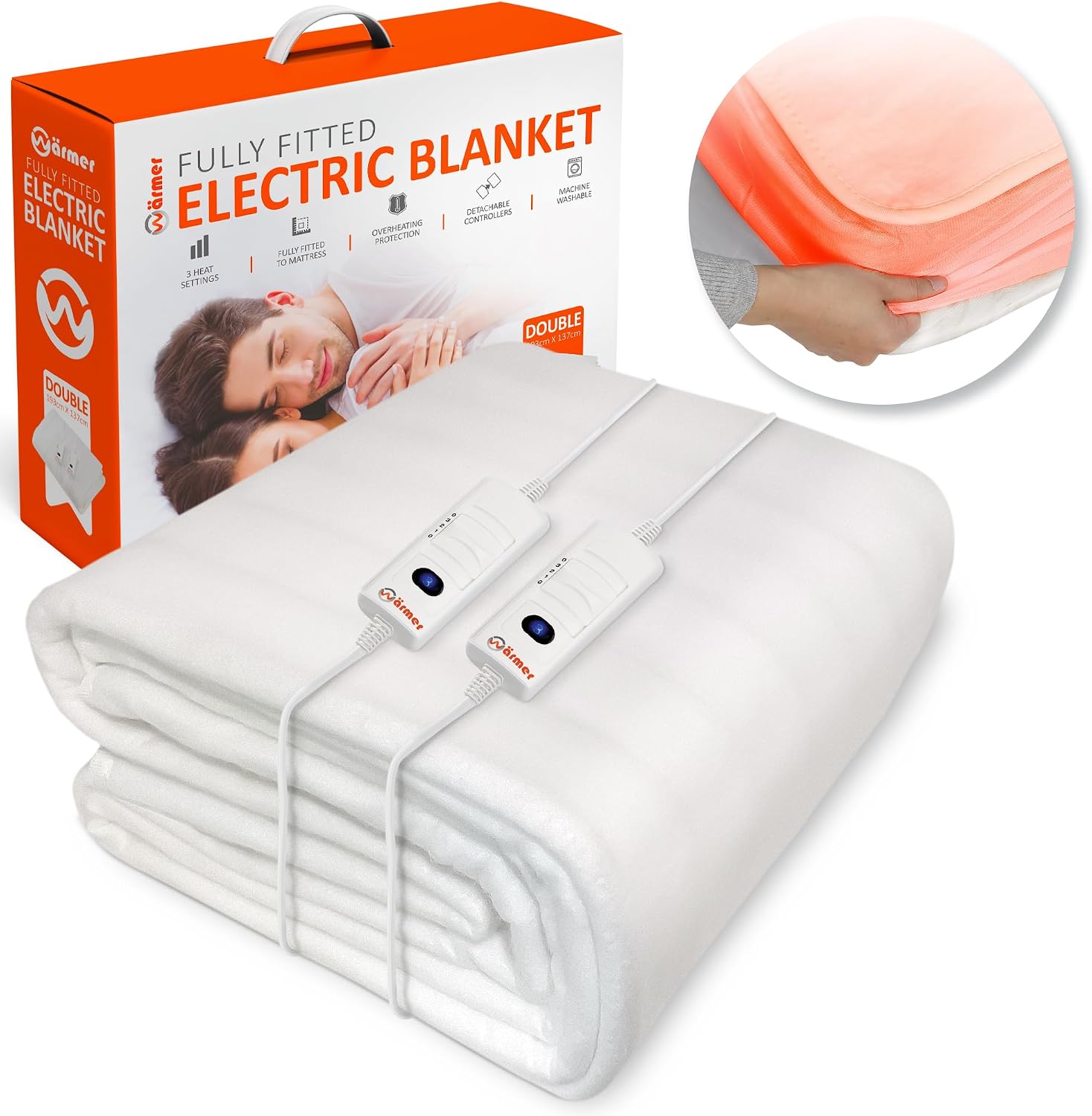 Wärmer Electric Blanket Double Size - Dual Control, Fully Fitted Mattress Cover with Elasticated Skirt, 3 Heat Settings, 2 X Detachable Controllers - 193 X 137cm Double
