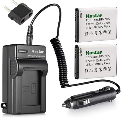 Kastar Battery 2x & Travel Charger for Samsung BP-70A BP70A ST95 ST100 ST150F ST700 ST6500 SL50 SL600 SL605 SL630 WB30F WB35F WB50F ES70 ES80 MV800 DV150F PL20 PL80 PL120 PL170 PL200 TL105 TL110 TL205