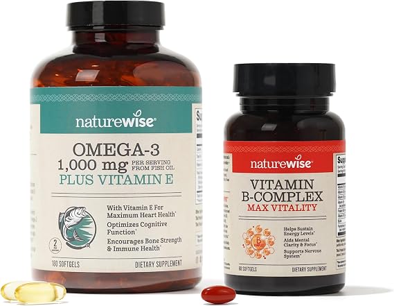 NatureWise 1000mg Omega 3 600mg EPA 400mg DHA with Vitamin E 180ct & Vitamin B Complex for Cellular Energy 60 Softgels[2-Month]