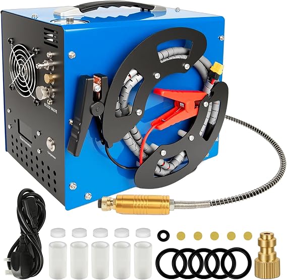 PCP Air Compressor, 4500Psi/30Mpa, 350W Motor, Unique Vertical+Wire Spool Portable Design, Auto-Stop, Oil/Water-Free, 8MM Quick-Connector for Paintball/PCP Air Rifle/Tank, 110V AC or 12V Car Battery