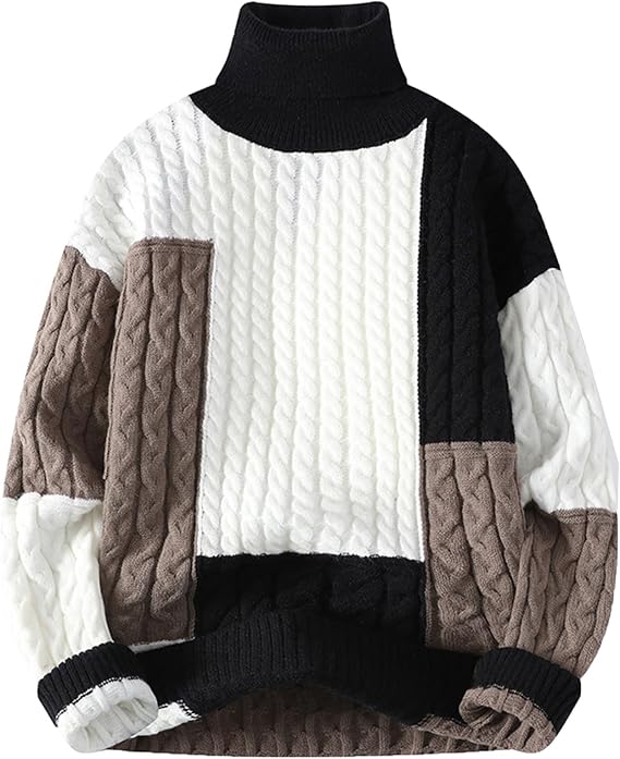 Mens Casual Slim Fit Pullover Sweaters Long Sleeve Ribbed Knit Color Block Casual Turtleneck Sweater Thermal Tops