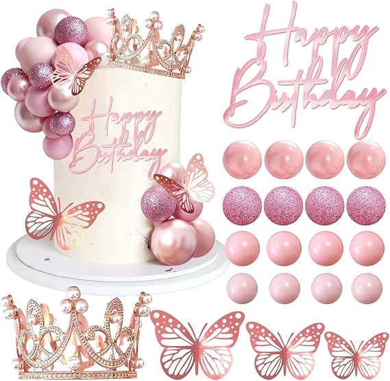 Elegant Crown Cake Topper Set with Golden Birthday Decorations, Butterfly Accents & Princess Crown for Women's Wedding Party Cake Decorations (Rose Gold)