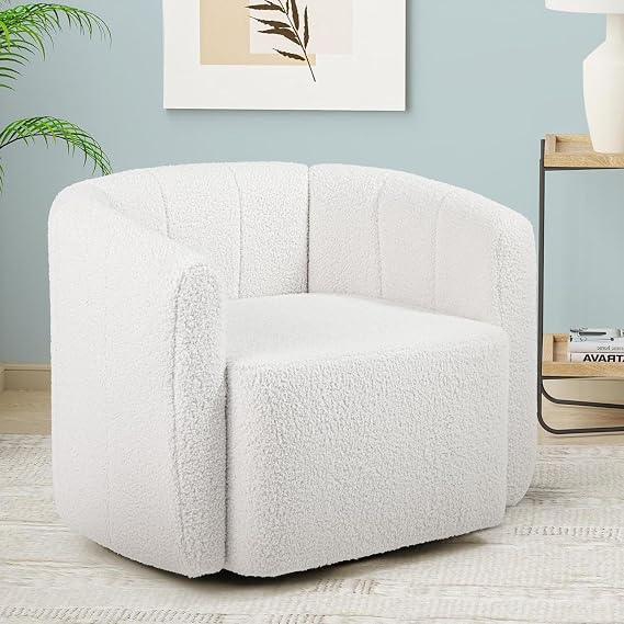 Giantex 360 Swivel Accent Chair - Sherpa Upholstered Boucle Barrel Club Chair with Padded Armrests, Modern Round Arm Chair for Reading, Living Room, Bedroom, Office, White Teddy