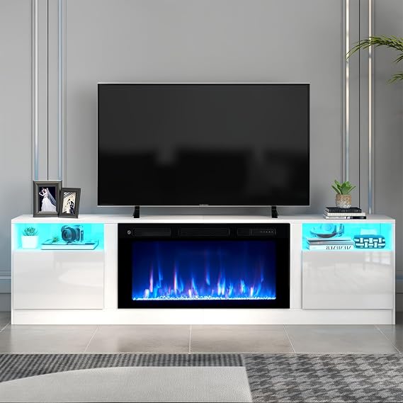 Fireplace TV Stand with 36" Electric Fireplace, LED Light Entertainment Center with Modern Wood Texture, Highlight Storage Cabinet for TVs Up to 90", 79 inches, White