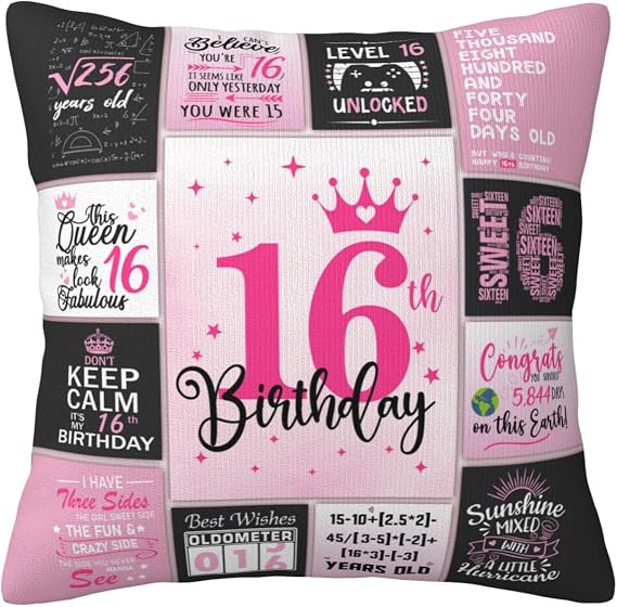 Sweet 16 Gifts for Girls, Gifts for 16 Year Old Girl, 16th Birthday Gifts for Girls, Sweet Sixteen Gift Ideas, Present for 16 Year Old Girl, 16th Birthday Decorations Throw Pillow Cover 18 X 18 Inch