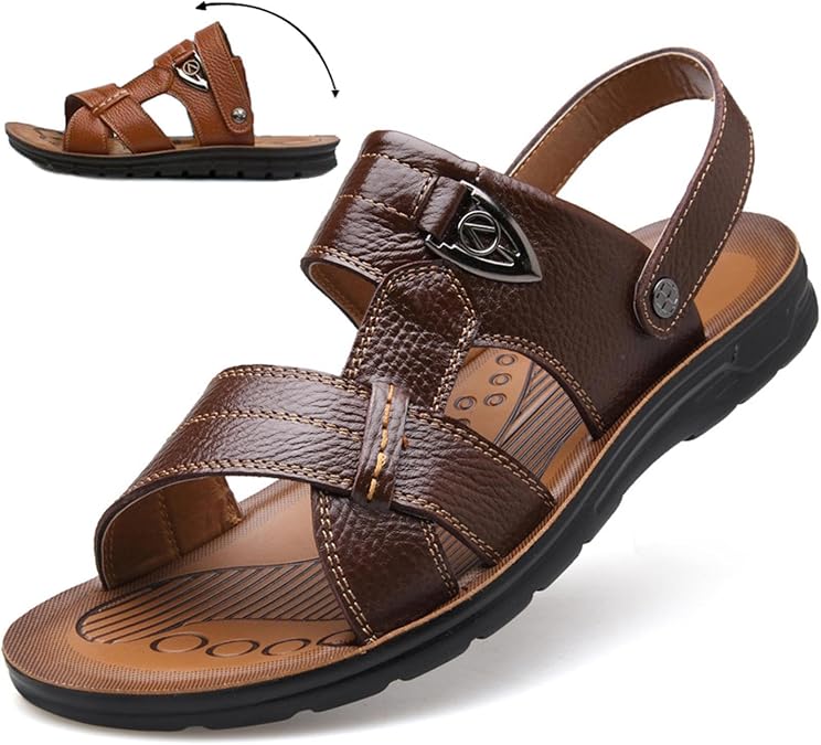 PPXID Men's Big Size Leather Flat Sandbeach Sandals Casual Slipper Shoes