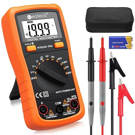 Neoteck Auto-Ranging Digital Multimeter with Backlit LCD,2000 Counts | Measures AC/DC Voltage/Current Resistance Capacitance Frequency Diode Continuity; includes Test leads for Automotive-Orange
