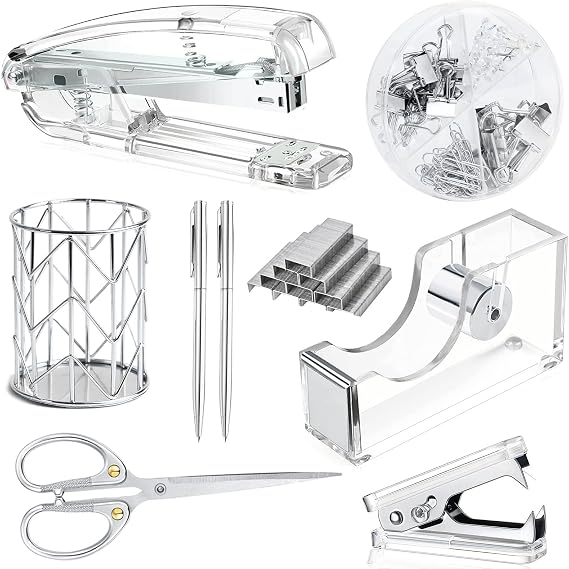 Office Desk Accessories,Office Supplies Set Acrylic Stapler Set Staple Remover, Tape Holder, Pen Holder, 2 Ballpoint Pen, Scissor, Binder Clips, Paper Clips and 1000pcs Staples(Silver)
