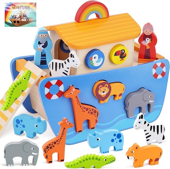KMTJT Toddlers Wooden Noah's Ark Toy for 1 2 3 Boys Girls Baptism Gifts | Shape Sorter Montessori Learning Toys with Bible Story Book, Christian Easter Gifts for Baby 12-18 Months Christmas Birthday