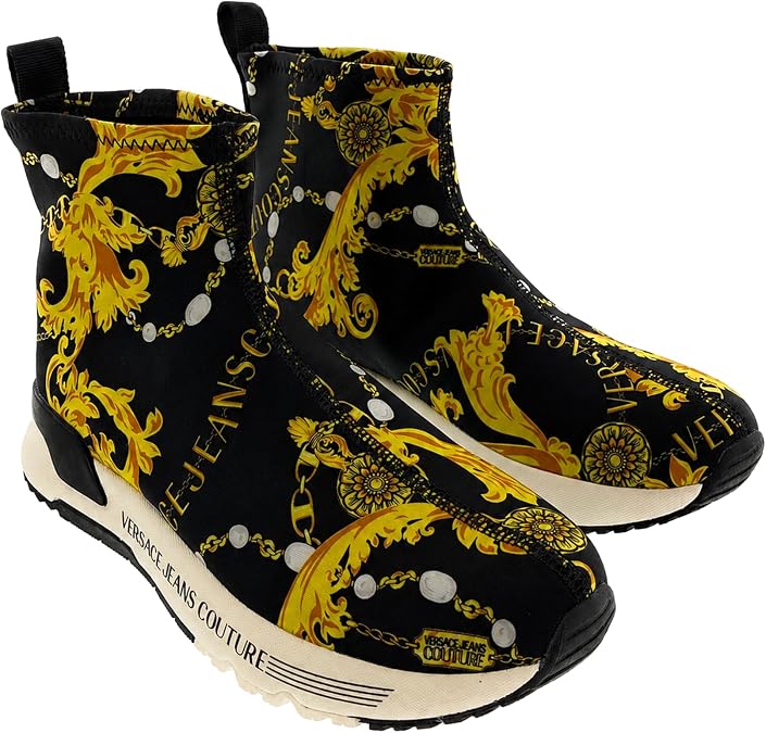 VERSACE JEANS COUTURE Womens Baroque Sock Sneakers Black/Gold
