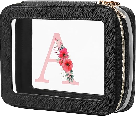Relavel Personalized Initial Clear Makeup Bag, PU Leather Waterproof Travel Toiletry Bag with Zipper, Portable Skincare Pouch Car Organizer Bag, Idea Gifts for Women Girls, Black A