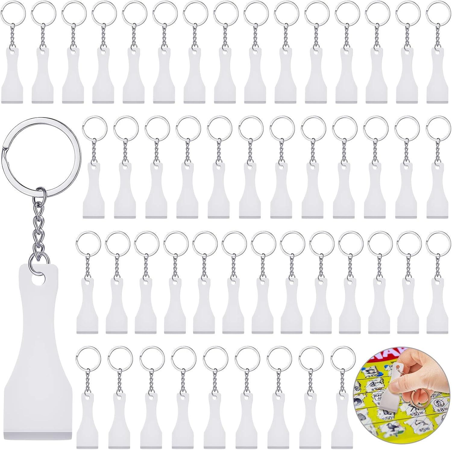 50 Pcs Scratcher Tool Plastic Scraper Tool Keychain Scoop Shape Lotto Scratcher Keyring Gambler Lucky Gift for Tickets Stickers Labels Films Sublimation Multifunction