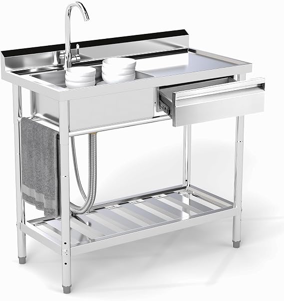 Trintion Freestanding Stainless Steel Sink 1 Bowl with Right Drawer Commercial Sink with Tap Cold and Hot Water Hoses Indoor and Outdoor Sink for Laundry Room Farmhouse (99 cm)