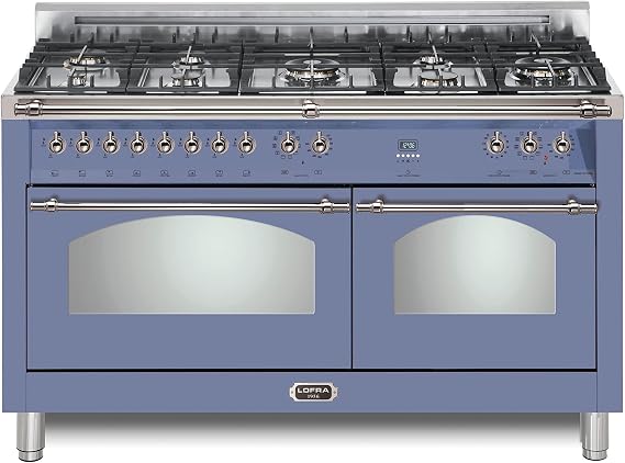Lofra DolceVita Series 60 Inch Range Freestanding Dual Fuel Double Oven Stove, Cooktop 8 Sealed Brass Burners, Convection, 9 Cooking Modes, Knobs and Handrail In Chrome, in Lavender