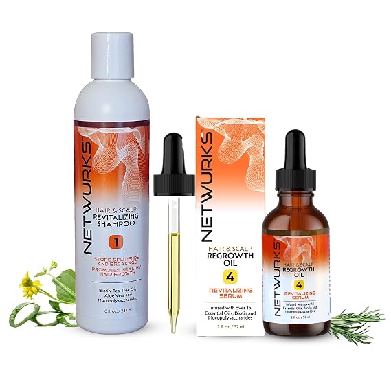Hair & Scalp Regrowth Bundle, Restores Scalp Health & Promotes Hair Growth, Shampoo 8oz & Regrowth Oil 2oz with Biotin, Netwurks