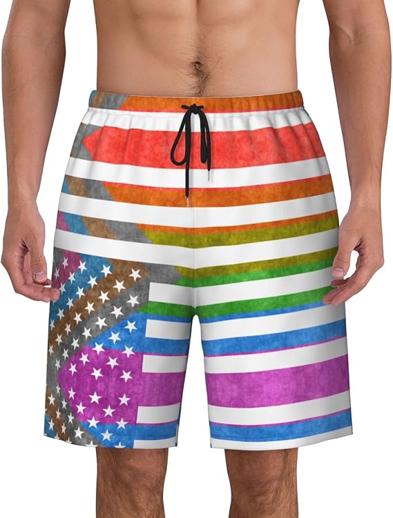 Men's Beach Shorts American Flag Pride Mens Swim Trunks Board Shorts with Pockets Swimwear Bathing Suits