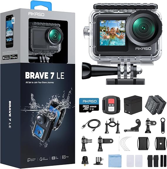AKASO Brave 7 LE 4K30fps Action Camera with 128GB MicroSDXC U3 Memory Card Accessories Kit Bundle Ultra HD 131FT Waterproof Camera EIS 2.0 WiFi Remote Control Zoom Underwater Camera