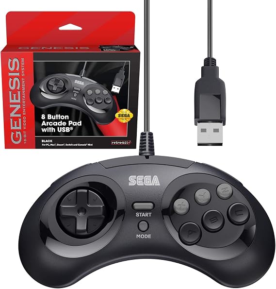 Retro-Bit SEGA Genesis 8-Button USB Wired Controller - (Black)