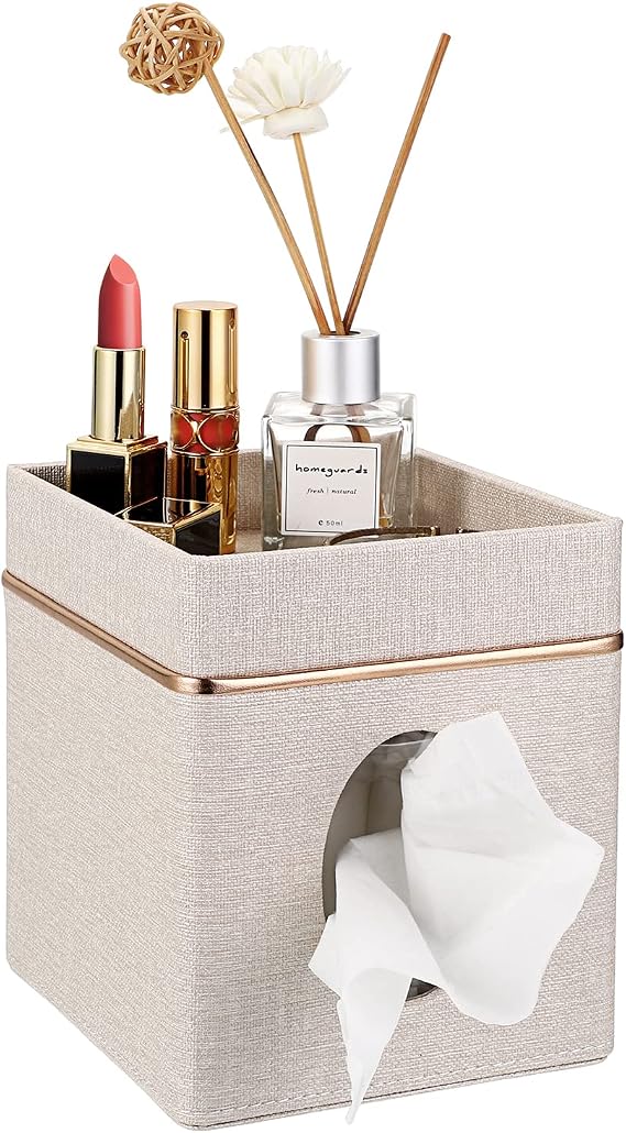 Sumnacon Linen Square Tissue Box Cover with Tray Tissue Box Holder,Beige