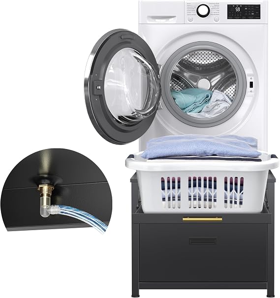 GDLF 24.1" Laundry Pedestal, Compact Washer Dryer Stand with Shelf, Black | 20" Raised Height, Pull-Out Shelf, Base Storage Drawer, 440 lbs Support, Built-In Drain Pan & Adjustable Feet